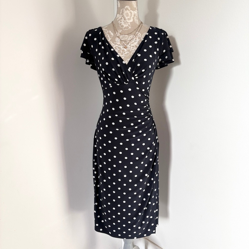 Lauren Ralph Lauren Navy Polka Dot Faux Wrap Ruched Sheath Dress Size 6